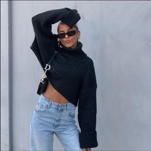 Zara Ribbed Black Cropped Knit Turtleneck Sweater